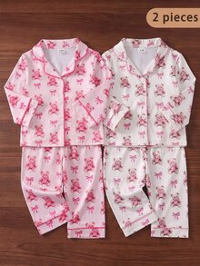 SHEIN 女嬰甜美可愛優雅親膚柔軟舒適休閒日常穿著卡通蝴蝶結泰迪熊印花開襟針織長袖上衣與長褲2件套家居服 - 淺粉色 - 查看 9