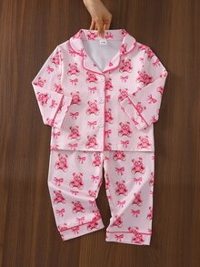 SHEIN 女嬰甜美可愛優雅親膚柔軟舒適休閒日常穿著卡通蝴蝶結泰迪熊印花開襟針織長袖上衣與長褲2件套家居服 - 淺粉色 - 查看 7