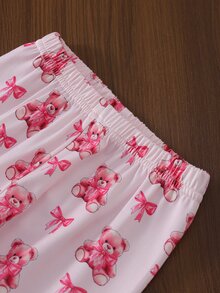 SHEIN 女嬰甜美可愛優雅親膚柔軟舒適休閒日常穿著卡通蝴蝶結泰迪熊印花開襟針織長袖上衣與長褲2件套家居服 - 淺粉色 - 查看 4
