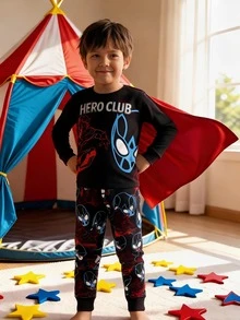Young Boys Letter Print Long Sleeve Top And Pants Snug Fit Pajama Set Loungewear - Multicolor - View 9