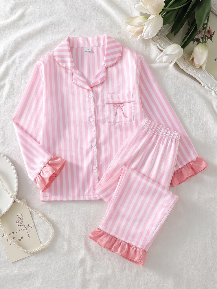 Girls' Sweet Cute Elegant Casual Daily Comfortable Soft Skin-Friendly Woven Satin Faux Silk Fabric Pink & White Striped Print Bow Embroidery Patchwork Pink Ruffle Trim Cardigan Collar Long Sleeve Top With Long Pants Pajama Set Loungewear 2 Pieces Set - Pink - View 3