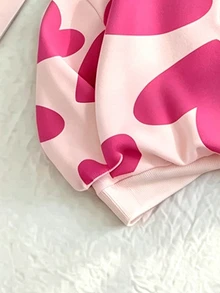 女嬰 2 件套休閒時尚春夏秋衛衣與寬腿褲套裝，甜心滿版印花設計，LOVE 字母圖案，柔軟面料，寬腿褲款式，女童外出穿著服裝套裝 - 彩色 - 查看 6
