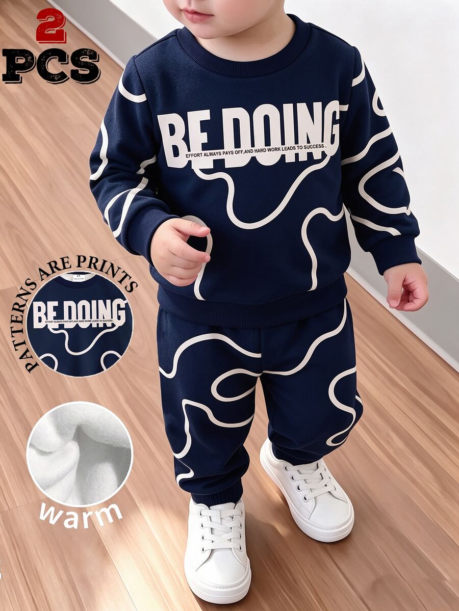 Young Boys Abstract Line Letter Graphic Crewneck Sweatshirt And Sweatpants 2 Pieces Outfit Set White Winter - Multicolor - View 1