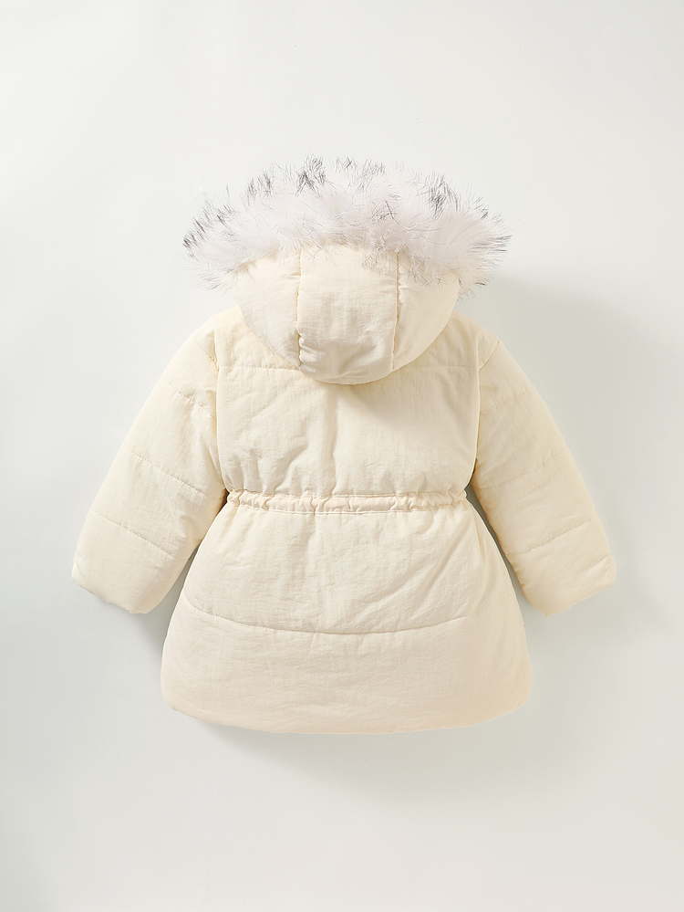 1pc Young Girl Puffer Jacket Coat Cute Elegant Beige Faux Fur Trim Drawstring Quilted Long Sleeve Hooded Thick Winter Fall Outer - Beige - View 2