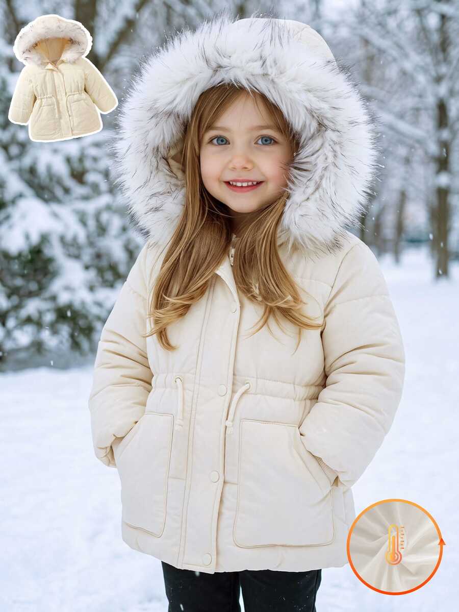 1pc Young Girl Puffer Jacket Coat Cute Elegant Beige Faux Fur Trim Drawstring Quilted Long Sleeve Hooded Thick Winter Fall Outer - Beige - View 1