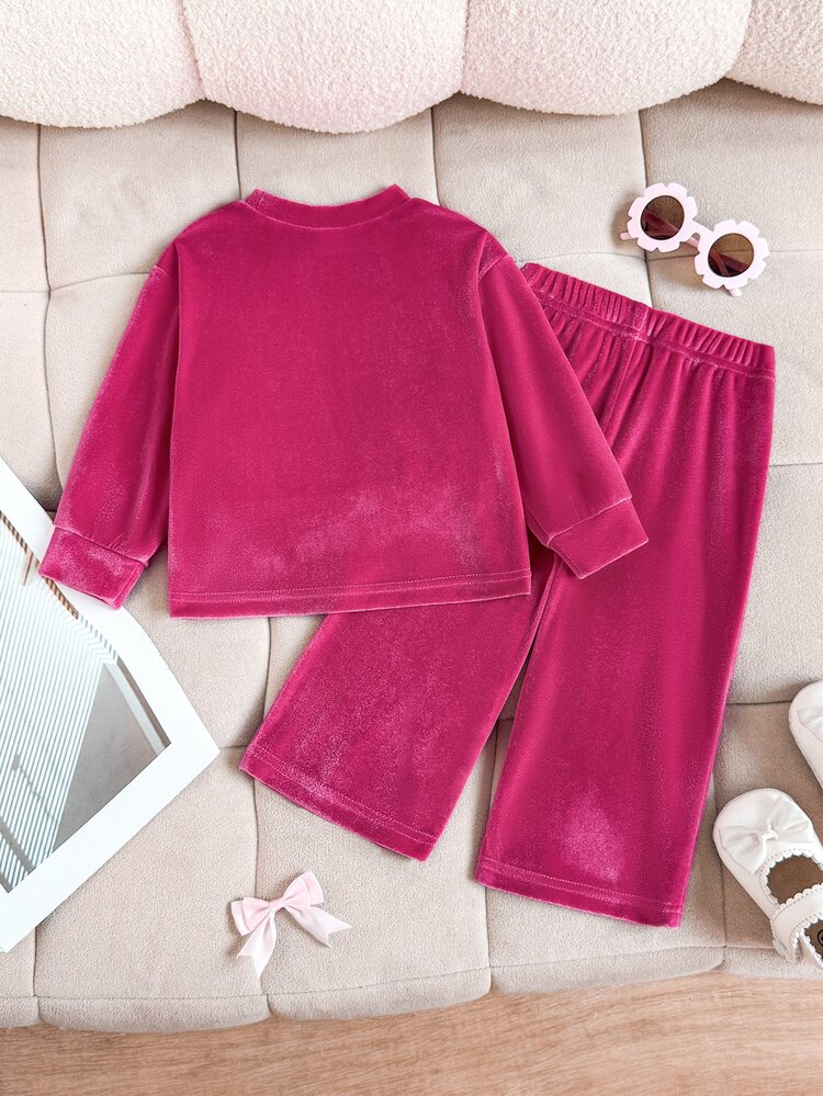 SHEIN Playful Pals 2pcs/Set Baby Girl Round Neck Rose Red Gold Velvet Bow Lace Embroidered Long Sleeve Top & Wide Leg Pants Set, Loose Casual Fit, Suitable For Autumn/Winter Daily Wear, Outdoor Activities, Street Style, Family Gatherings, Photoshoots - Hot Pink - View 2