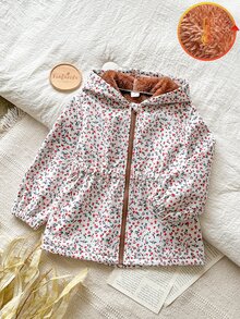 SHEIN 1件女童外套大衣，甜美白色紅花圖案，拉鍊開襟，毛絨內裡，長袖連帽，加厚，適合戶外、派對、冬季假期，彈性腰部 - 彩色 - 查看 6