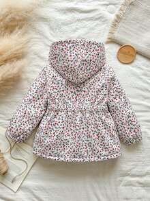 SHEIN 1件女童外套大衣，甜美白色紅花圖案，拉鍊開襟，毛絨內裡，長袖連帽，加厚，適合戶外、派對、冬季假期，彈性腰部 - 彩色 - 查看 2