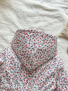 SHEIN 1件女童外套大衣，甜美白色紅花圖案，拉鍊開襟，毛絨內裡，長袖連帽，加厚，適合戶外、派對、冬季假期，彈性腰部 - 彩色 - 查看 4