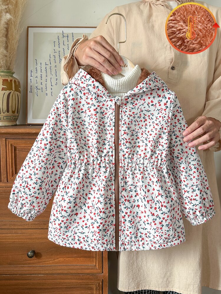 SHEIN 1pc Young Girl Jacket Coat Sweet White Red Floral Zipper Fuzzy Lining Long Sleeve Hooded Thick Outdoor Party Winter Holiday Elastic Waist - Multicolor - View 3