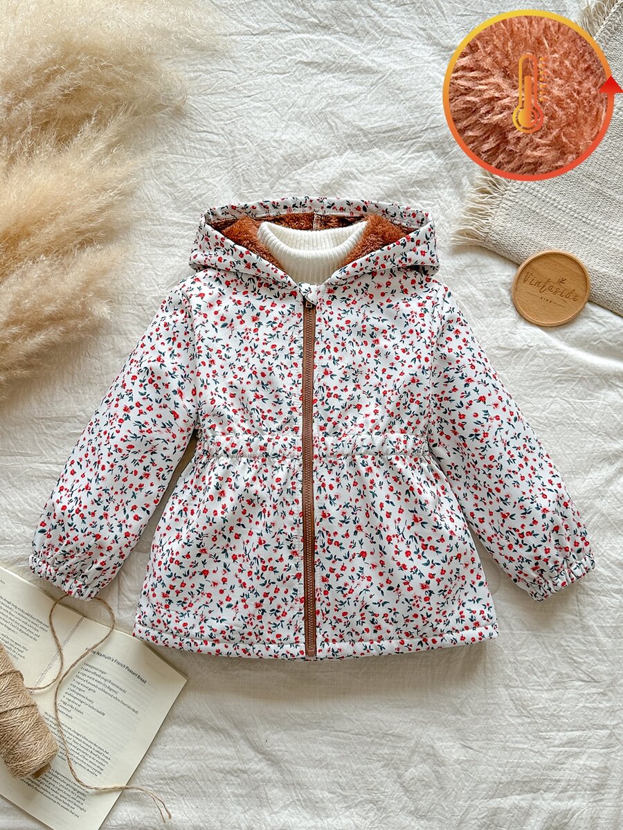 SHEIN 1件女童外套大衣，甜美白色紅花圖案，拉鍊開襟，毛絨內裡，長袖連帽，加厚，適合戶外、派對、冬季假期，彈性腰部 - 彩色 - 查看 1