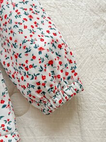 SHEIN 1件女童外套大衣，甜美白色紅花圖案，拉鍊開襟，毛絨內裡，長袖連帽，加厚，適合戶外、派對、冬季假期，彈性腰部 - 彩色 - 查看 5