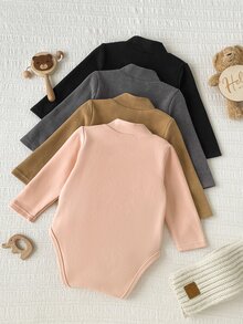SHEIN Vintaside Kids 4件組女嬰連身衣 羅馬式連身衣 優雅粉色與棕色 肩部按扣 純色毛絨內裡 長袖小高領 加厚 生日派對秋季毛衣套裝 - 彩色 - 查看 2