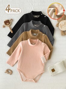 SHEIN Vintaside Kids 4件組女嬰連身衣 羅馬式連身衣 優雅粉色與棕色 肩部按扣 純色毛絨內裡 長袖小高領 加厚 生日派對秋季毛衣套裝 - 彩色 - 查看 4