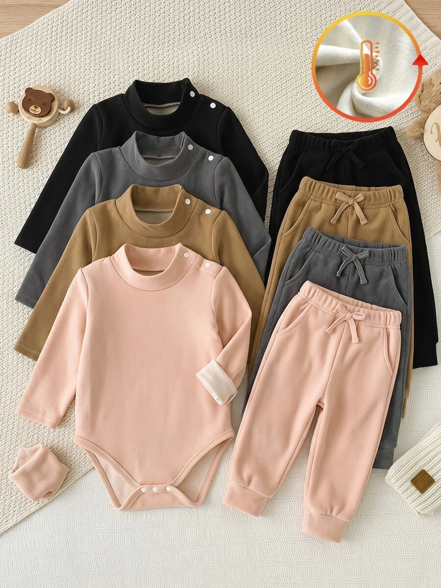 SHEIN Vintaside Kids 4件組女嬰連身衣 羅馬式連身衣 優雅粉色與棕色 肩部按扣 純色毛絨內裡 長袖小高領 加厚 生日派對秋季毛衣套裝 - 彩色 - 查看 1