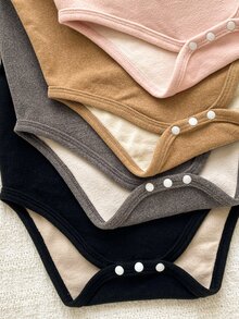 SHEIN Vintaside Kids 4件組女嬰連身衣 羅馬式連身衣 優雅粉色與棕色 肩部按扣 純色毛絨內裡 長袖小高領 加厚 生日派對秋季毛衣套裝 - 彩色 - 查看 9