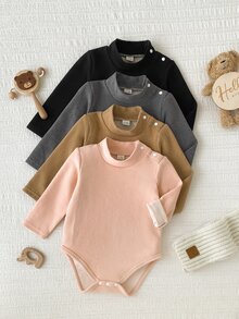 SHEIN Vintaside Kids 4件組女嬰連身衣 羅馬式連身衣 優雅粉色與棕色 肩部按扣 純色毛絨內裡 長袖小高領 加厚 生日派對秋季毛衣套裝 - 彩色 - 查看 5