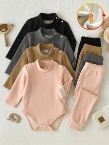 SHEIN Vintaside Kids 4件組女嬰連身衣 羅馬式連身衣 優雅粉色與棕色 肩部按扣 純色毛絨內裡 長袖小高領 加厚 生日派對秋季毛衣套裝 - 彩色 - 查看 3