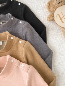 SHEIN Vintaside Kids 4件組女嬰連身衣 羅馬式連身衣 優雅粉色與棕色 肩部按扣 純色毛絨內裡 長袖小高領 加厚 生日派對秋季毛衣套裝 - 彩色 - 查看 7