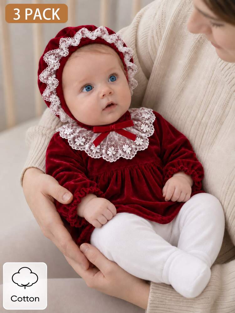 SHEIN 2件組女嬰天鵝絨洋裝附帽子，甜美酒紅色蕾絲荷葉邊蝴蝶結飾邊，長袖蕾絲領，休閒款，適合冬季秋季節日拍照 - 彩色 - 查看 7