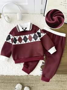 Souflis Souflis 男嬰 Polo 套裝 新生兒假兩件式衛衣上衣 秋冬印花翻領長袖 時尚抓絨內裡 灰色束口褲 日常戶外套裝 - 彩色 - 查看 7
