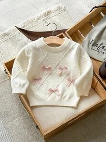 SHEIN Vintaside Kids 3個月至3歲女嬰米白色鑽石泡泡紋理針織圓領毛衣，淺粉色3D緞面蝴蝶結長袖上衣，純色柔和溫馨春秋針織套頭外套，適合生日拍照 - 米色 - 查看 9