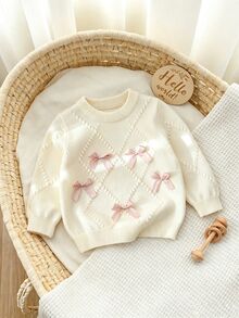 SHEIN Vintaside Kids 3個月至3歲女嬰米白色鑽石泡泡紋理針織圓領毛衣，淺粉色3D緞面蝴蝶結長袖上衣，純色柔和溫馨春秋針織套頭外套，適合生日拍照 - 米色 - 查看 10