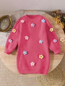 SHEIN Vintaside Kids 女童手工花卉針織洋裝，圓領長袖燈籠袖，可愛優雅粉色，秋冬款 - 玫紅色 - 查看 6