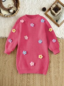 SHEIN Vintaside Kids 女童手工花卉針織洋裝，圓領長袖燈籠袖，可愛優雅粉色，秋冬款 - 玫紅色 - 查看 1