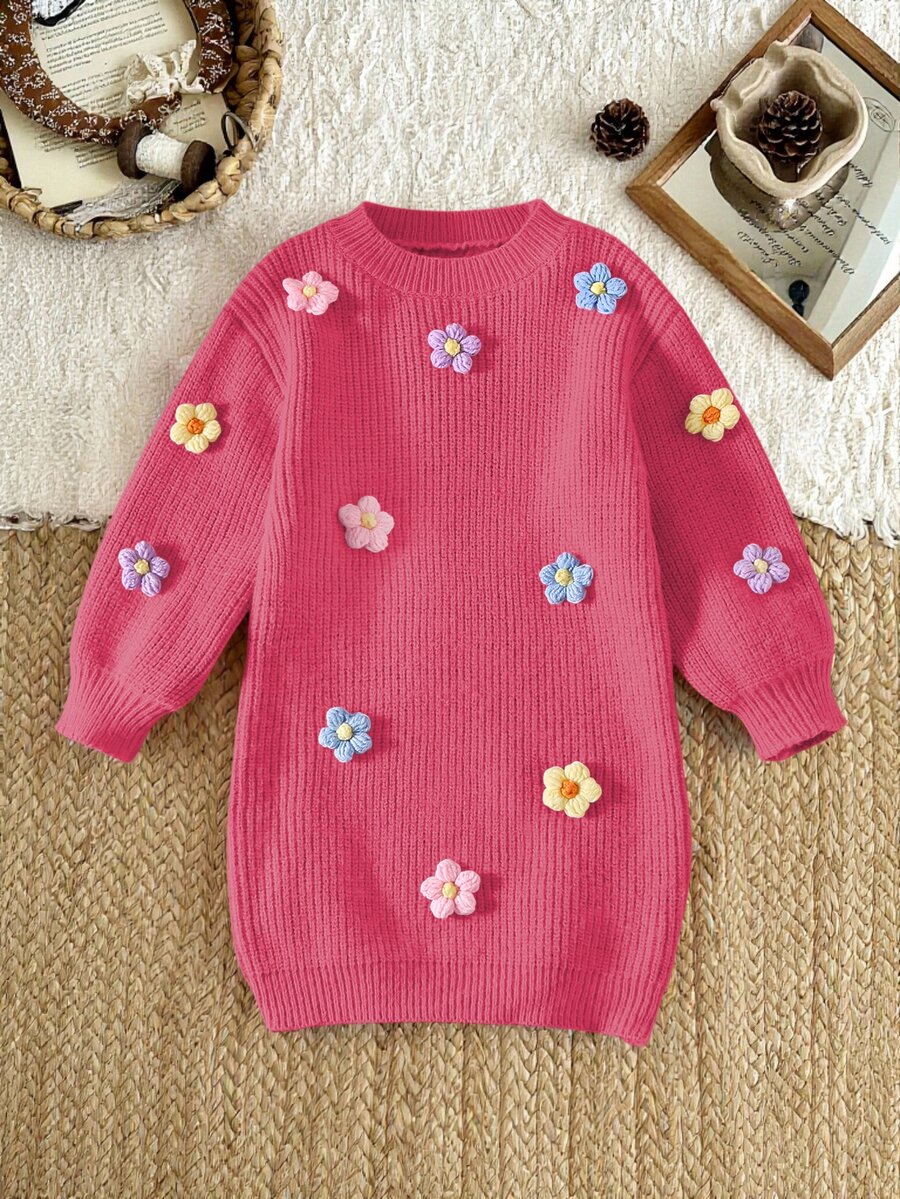 SHEIN Vintaside Kids 女童手工花卉針織洋裝,圓領長袖燈籠袖,可愛優雅粉色,秋冬款 - 玫紅色 - 查看 1