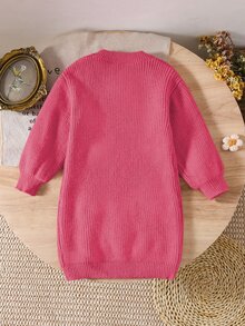 SHEIN Vintaside Kids 女童手工花卉針織洋裝，圓領長袖燈籠袖，可愛優雅粉色，秋冬款 - 玫紅色 - 查看 2