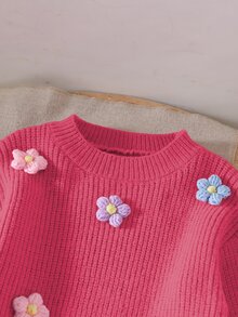 SHEIN Vintaside Kids 女童手工花卉針織洋裝，圓領長袖燈籠袖，可愛優雅粉色，秋冬款 - 玫紅色 - 查看 3