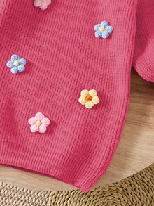 SHEIN Vintaside Kids 女童手工花卉針織洋裝，圓領長袖燈籠袖，可愛優雅粉色，秋冬款 - 玫紅色 - 查看 7