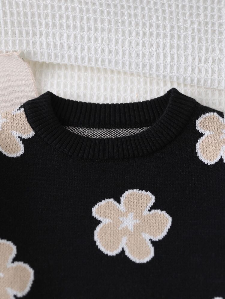 SHEIN Cross-Border Hot-Selling Gentle Apricot Floral Children's Knitted Set, Girls' Frill Trim Round Neck Sweater & Wide Leg Pants Two Pieces Outfit, European And American Moms' Favorite, Suitable For Outings And Gatherings. - Multicolor - View 8