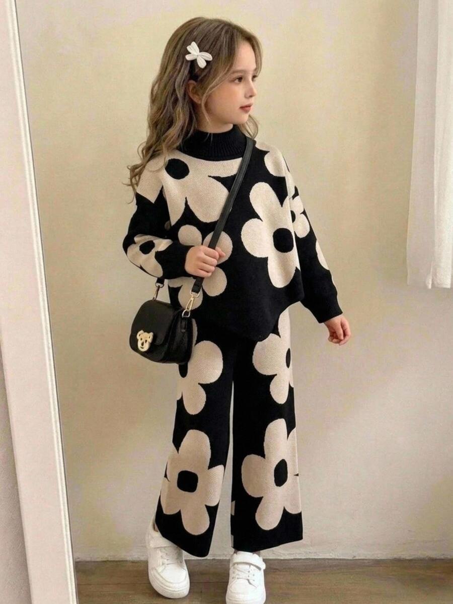 SHEIN Vintaside Kids 女童針織套裝 嬰兒洗禮綠色 秋冬嬰兒款 - 黑色 - 查看 1