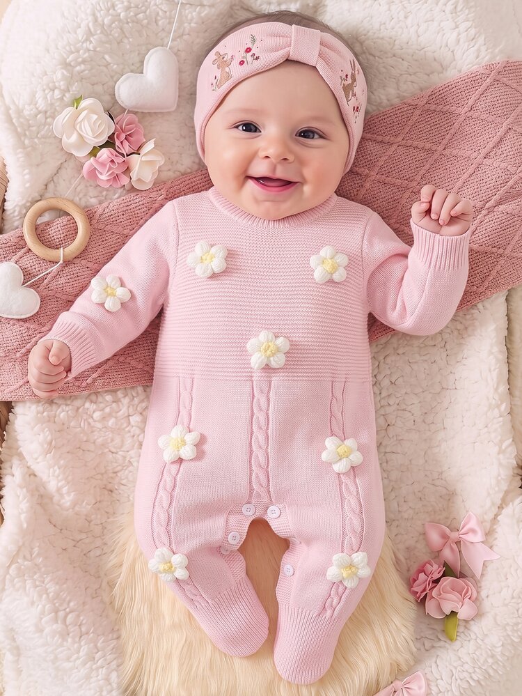 SHEIN Baby Girls Sweater Onesies, Infant Baby Pullover Round Neck Knitted Long Sleeve Sweater Romper With Footies, Comfortable For Autumn/Winter, Hand-Crocheted Floral Design, Elegant Lady Style, Versatile Apricot Color, Suitable For Daily Wear, Outings And Travel - Pink - View 1