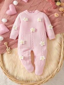 SHEIN 女嬰針織連身毛衣連褲褲，圓領套頭長袖連腳連身衣，舒適適合秋冬，手工鉤編花卉設計，優雅淑女風，百搭杏色，適合日常穿著、外出與旅行 - 粉色 - 查看 9