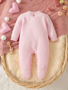 SHEIN 女嬰針織連身毛衣連褲褲，圓領套頭長袖連腳連身衣，舒適適合秋冬，手工鉤編花卉設計，優雅淑女風，百搭杏色，適合日常穿著、外出與旅行 - 粉色 - 查看 2