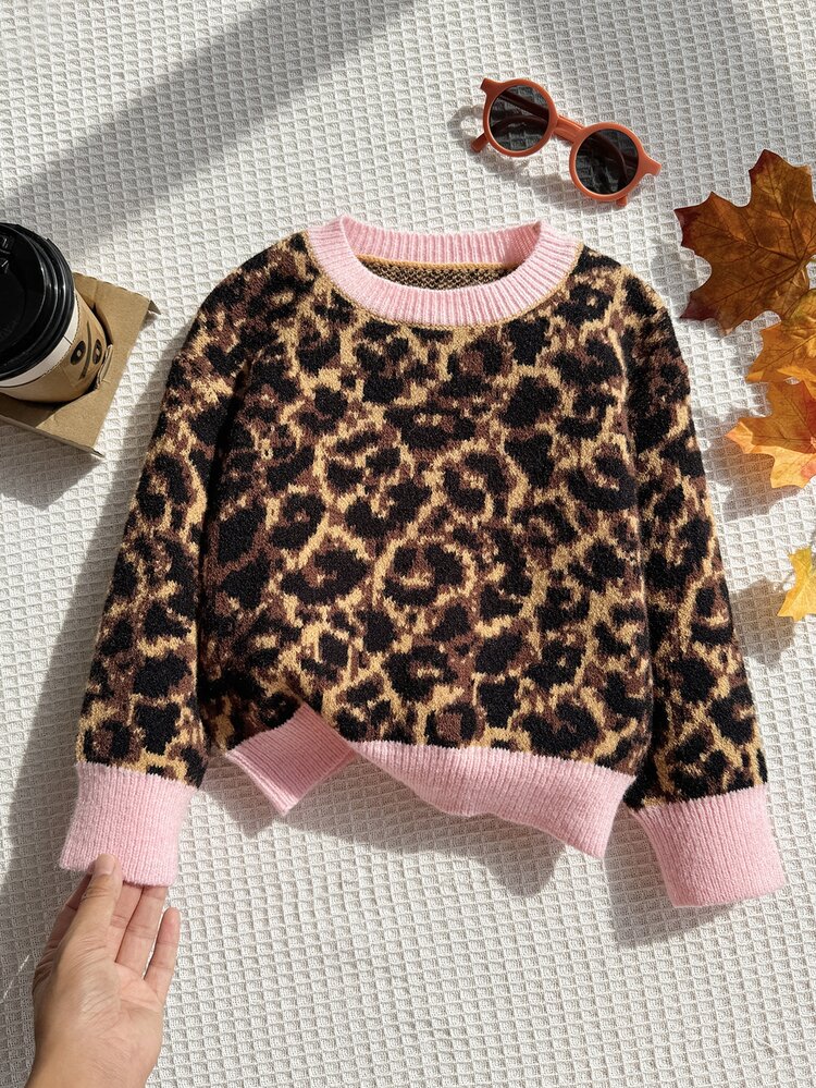 Young Girl) Pink Leopard Print Jacquard Round Neck Pullover Long Sleeve Sweater, Suitable For Spring, Autumn, Winter, Pairs Well With Jeans, Jackets, Padded Coats - Multicolor - View 1