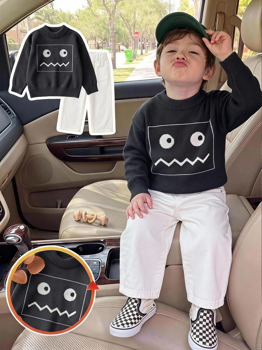 Boys' Sweater Children Autumn/Winter New Korean Style Fashion Versatile Cute Knit Base Layer Top Baby College Style Cartoon - Grey - View 1