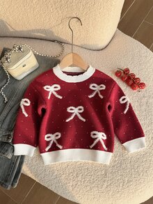SHEIN 女童圓領針織長袖紅色拼接毛衣，3D提花蝴蝶結軟針織套頭衫，可愛甜美簡約長袖上衣，適合秋冬、外出、派對、拍照、戶外玩耍、假期 - 紅色 - 查看 6
