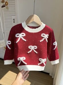 SHEIN 女童圓領針織長袖紅色拼接毛衣，3D提花蝴蝶結軟針織套頭衫，可愛甜美簡約長袖上衣，適合秋冬、外出、派對、拍照、戶外玩耍、假期 - 紅色 - 查看 8