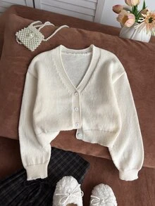SHEIN Teen Girls Cardigans, Solid Color V-Neck Sweater Knit Top, Comfortable Soft Blue And White Casual All-Match Autumn Winter Everyday School - Beige - View 6