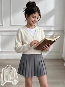 SHEIN Teen Girls Cardigans, Solid Color V-Neck Sweater Knit Top, Comfortable Soft Blue And White Casual All-Match Autumn Winter Everyday School - Beige - View 4