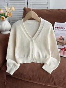 SHEIN Teen Girls Cardigans, Solid Color V-Neck Sweater Knit Top, Comfortable Soft Blue And White Casual All-Match Autumn Winter Everyday School - Beige - View 3