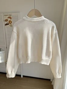SHEIN Teen Girls Cardigans, Solid Color V-Neck Sweater Knit Top, Comfortable Soft Blue And White Casual All-Match Autumn Winter Everyday School - Beige - View 2