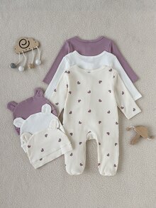 SHEIN 3件組新生女嬰白色、杏色、紫色棉混紡連身衣+帽子可愛休閒套裝，韓風時尚簡約甜美，棉質羅紋親膚柔軟面料，愛心印花與純色長袖長褲連腳連身衣居家服套裝，適合春秋日常外出或居家穿著 - 彩色 - 查看 3