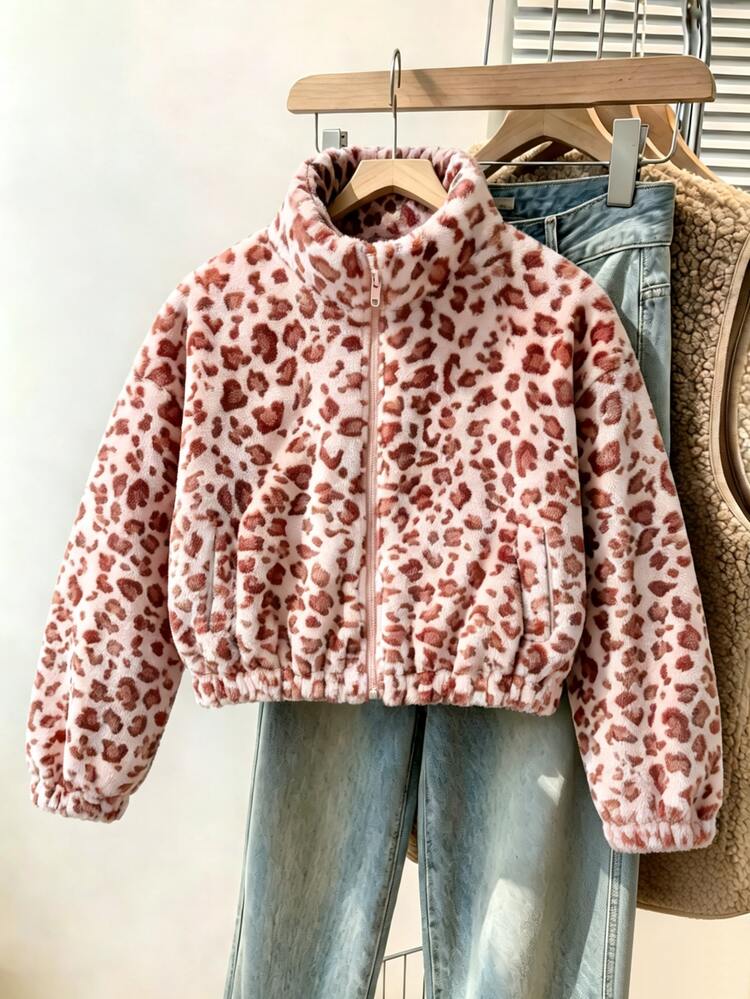 SHEIN Girls' Winter Pink Leopard Print Fleece Jacket, Elastic Cuffs And Pockets, Thickened Fleece, Loose Fit Suitable For Indoor Or Outdoor Park Activities - Multicolor - View 3