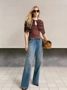 MOTF PREMIUM WOMEN'S SOLID COLOR PLEATED CASUAL VERSATILE DAILY WEAR T-SHIRT - Mocha Brown - View 6