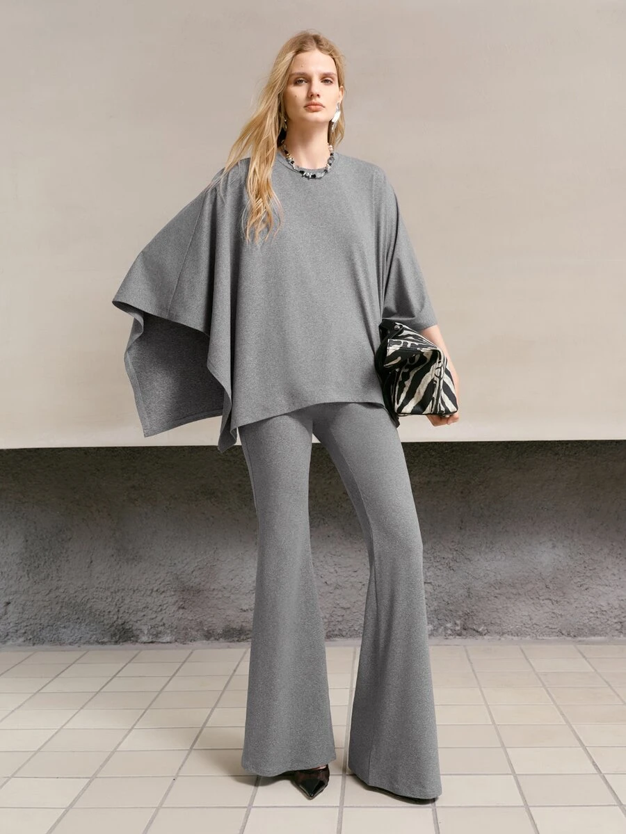 MOTF PREMIUM WOMEN'S SOLID COLOR TOP AND FLARE PANTS CASUAL DAILY 2 PIECES SET - Grey - View 1